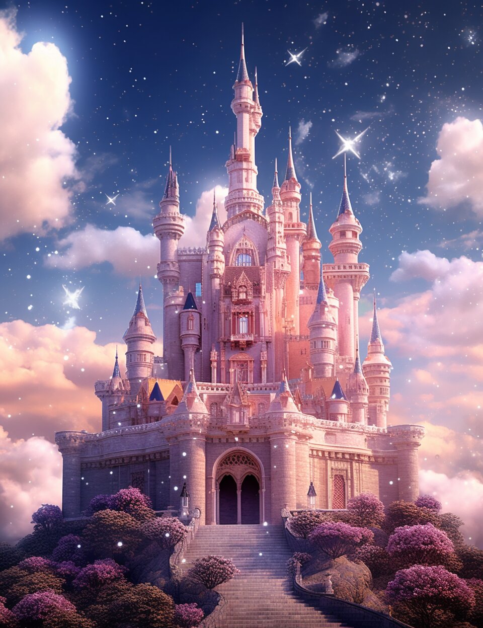 城堡的墙壁,屋顶和窗户都是粉色的,看起来像是童话世界里的建筑