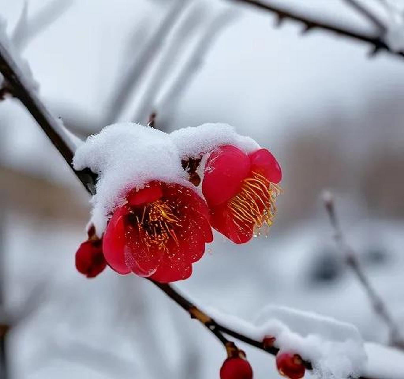雪中腊梅红似火, 冷风瑟瑟傲寒来. 玉树琼花香满径, 独立银枝笑意开.
