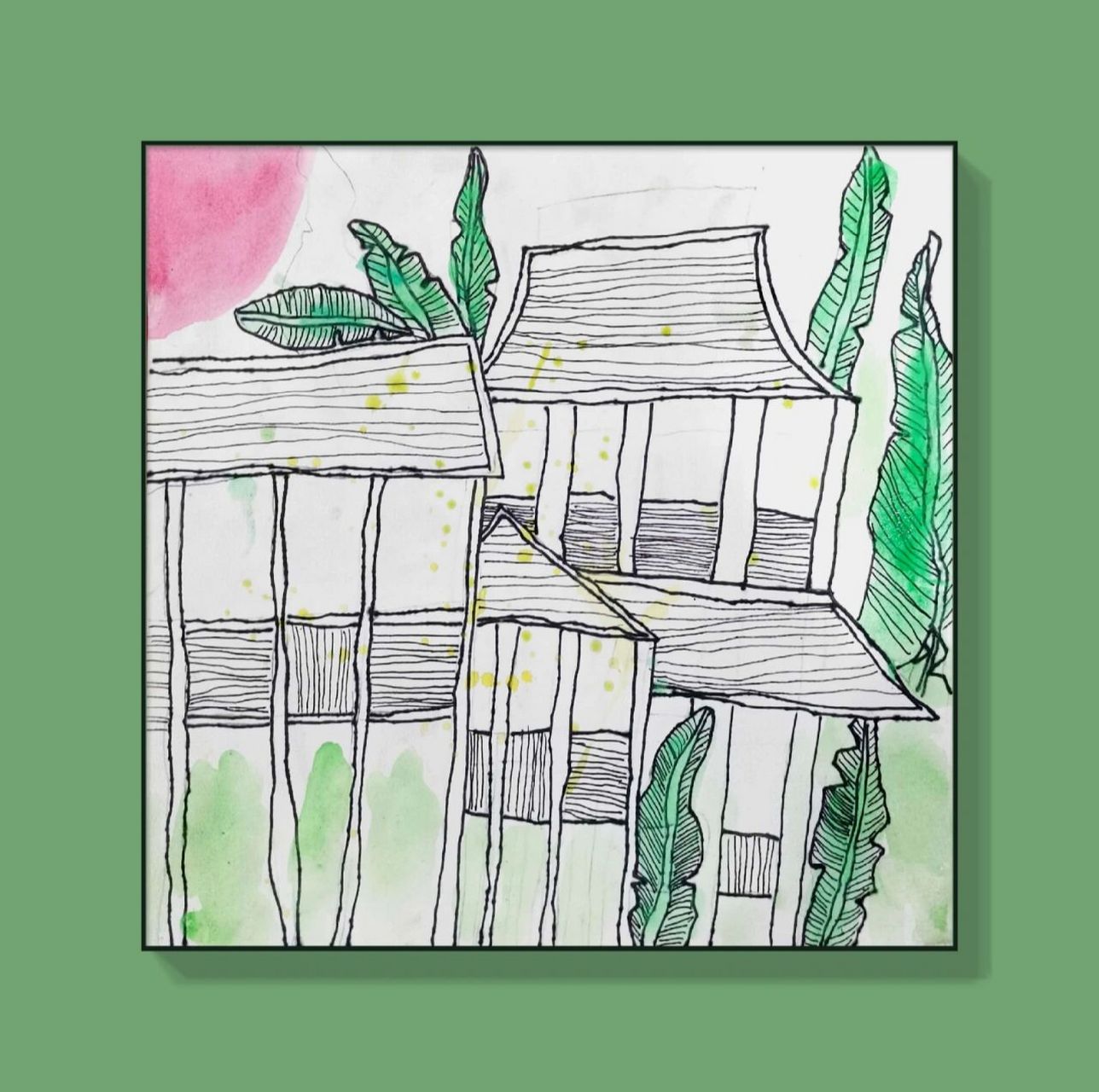 暑期儿童创意绘画作品78傣族竹楼 主题:傣族竹楼 阶段:7～8岁 材料