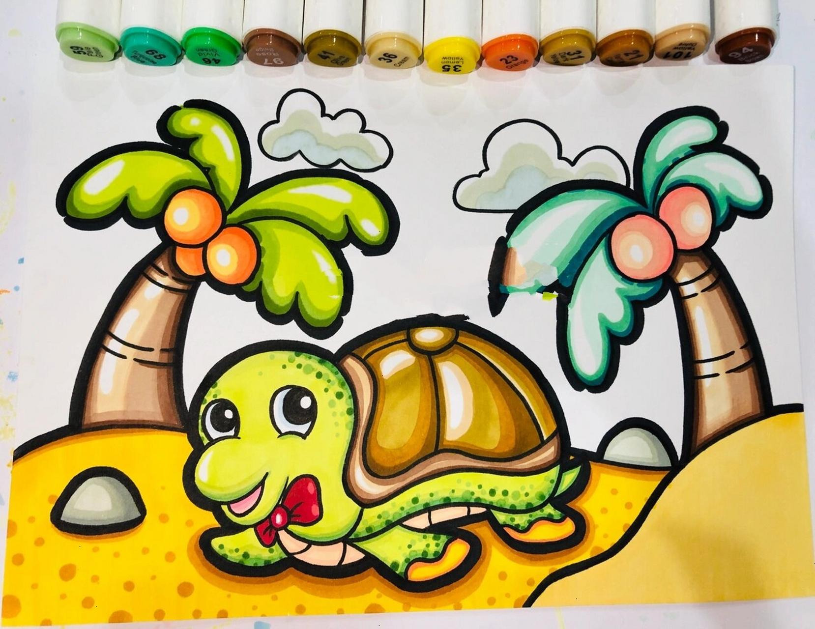 海滩边小乌龟 马克笔画 儿童画 色彩搭配原创 线稿临摹于 临摹的小