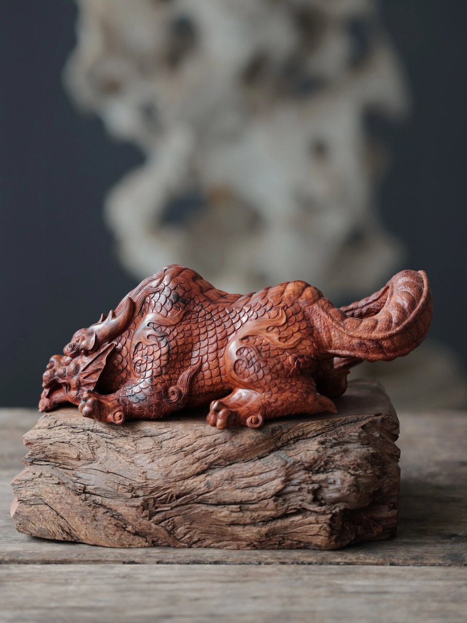 海南黄花梨"蚣蝮" 龙生九子之一,又名避水兽,蚣蝮敦实有力,皮褶鳞甲生
