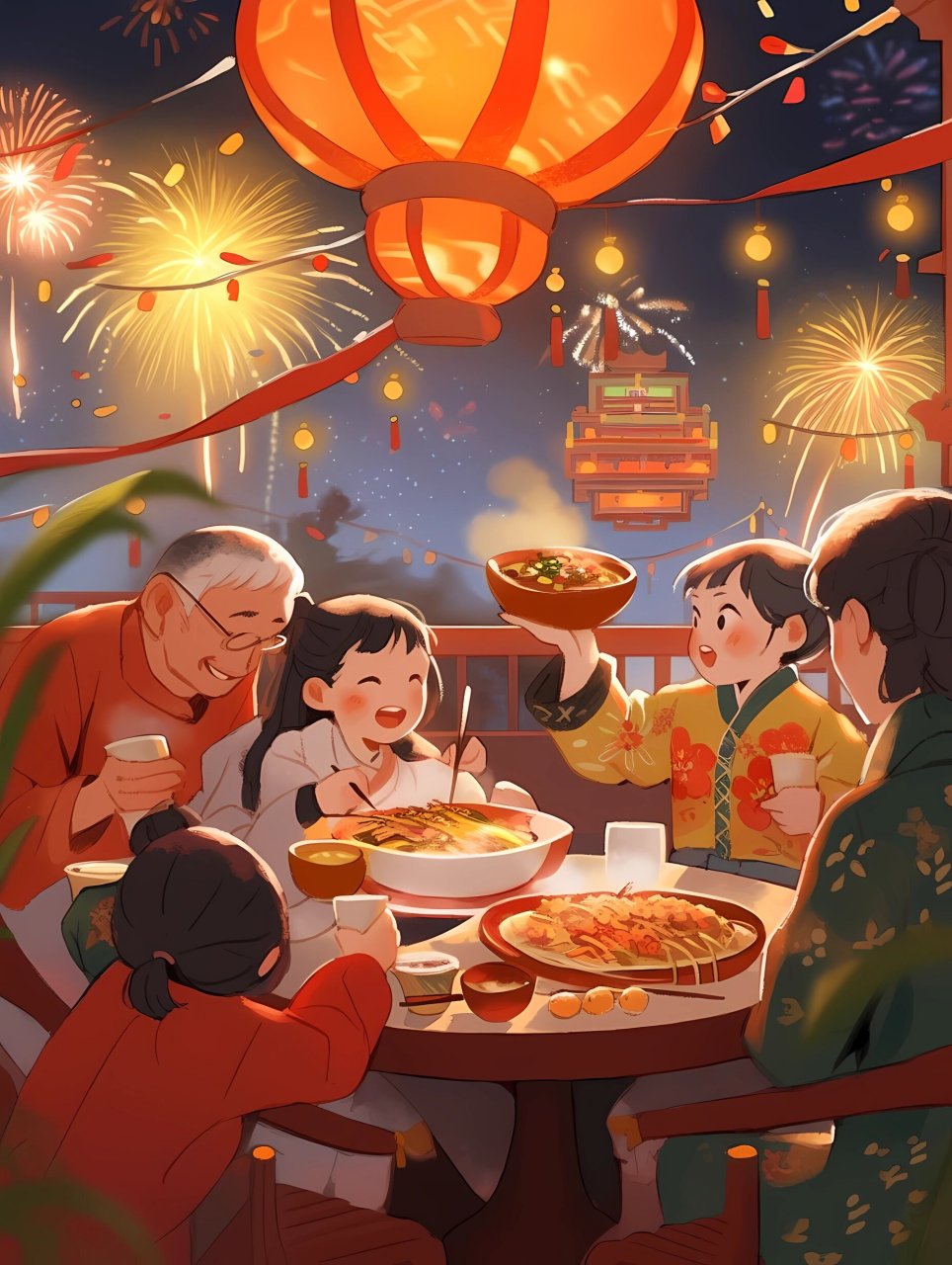春节的绘画作品 一家人团圆一起吃团圆饭7815 脸上洋溢着笑容是