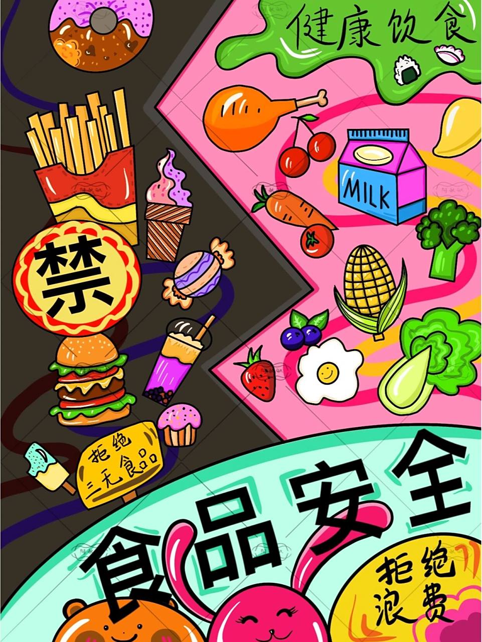 创意美术|食品安全主题作品【附带线稿】 今天一起来画一组食品安全