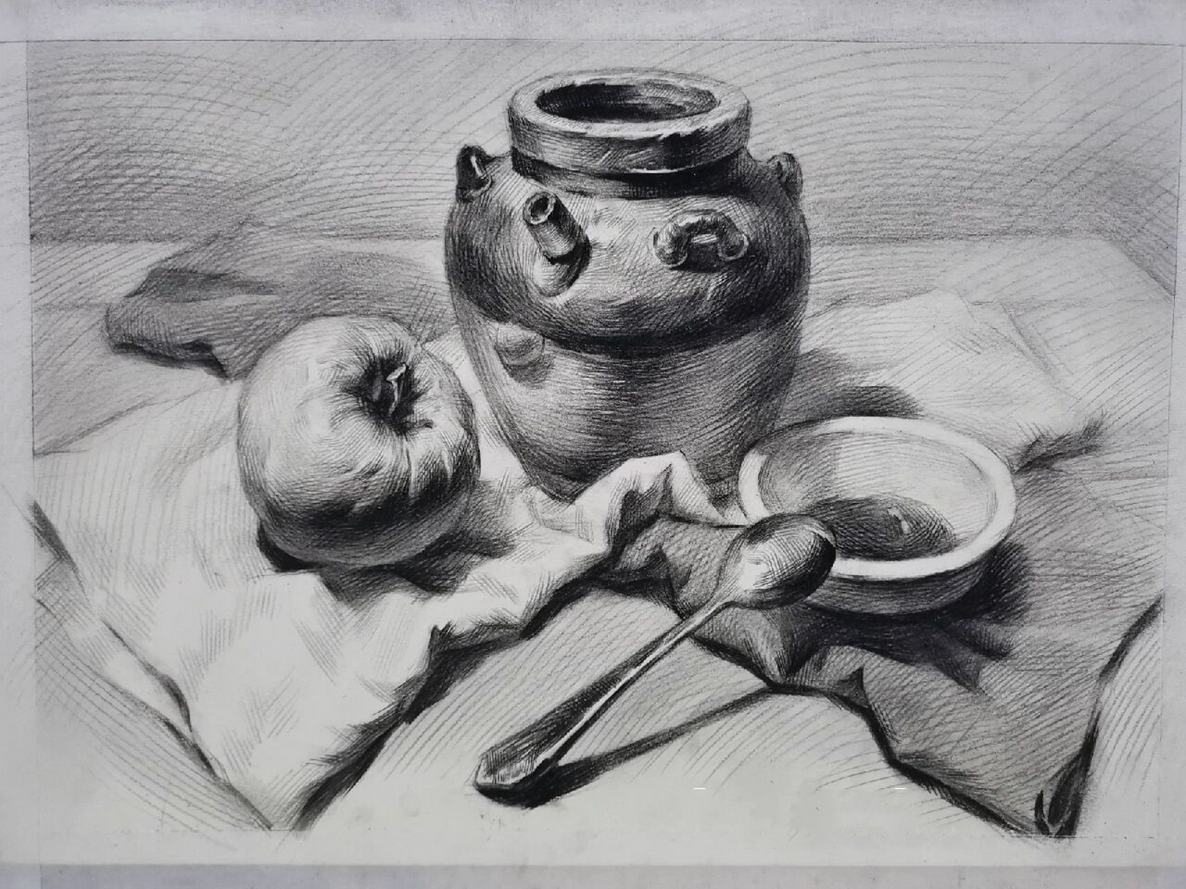 素描静物(内含步骤图,最后一张原图) 素描静物经典组合,陶罐 苹果带