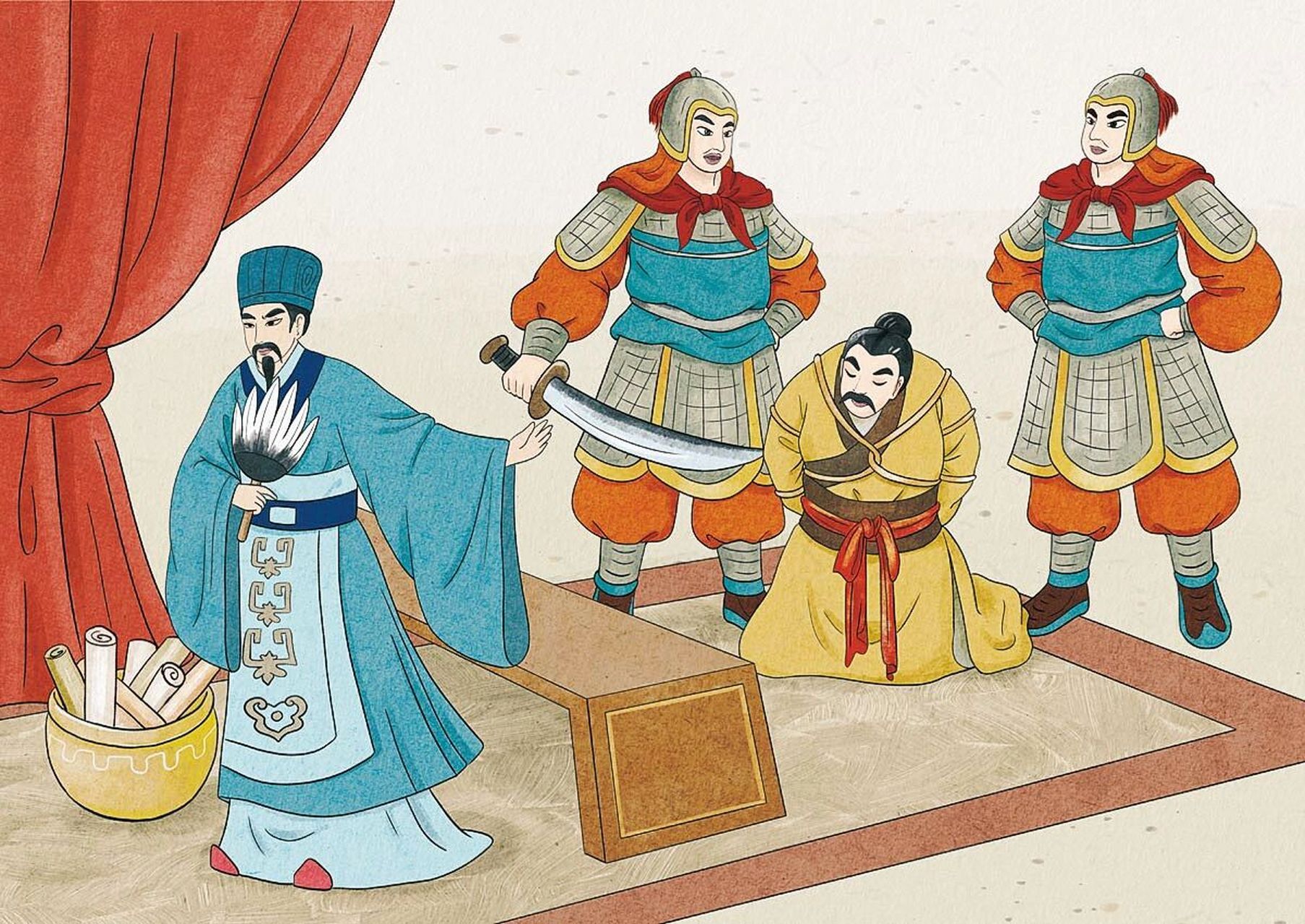 历史插画-诸葛亮斩马谡 在诸葛亮的第一次北伐中,马谡作为蜀军守街亭