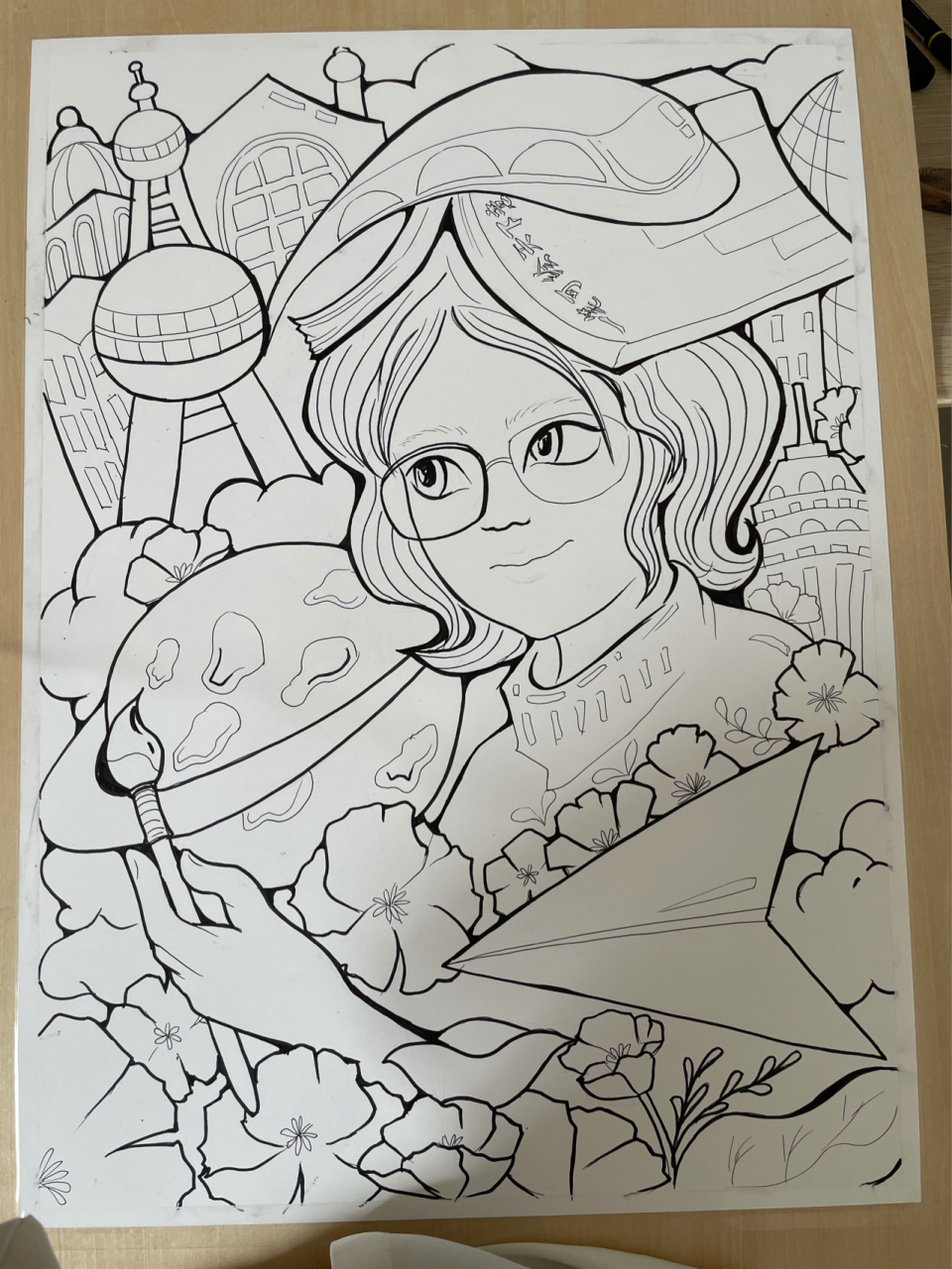 "我的梦想"主题马克笔示范画 一支画笔闯世界的梦想为构图思路,结合