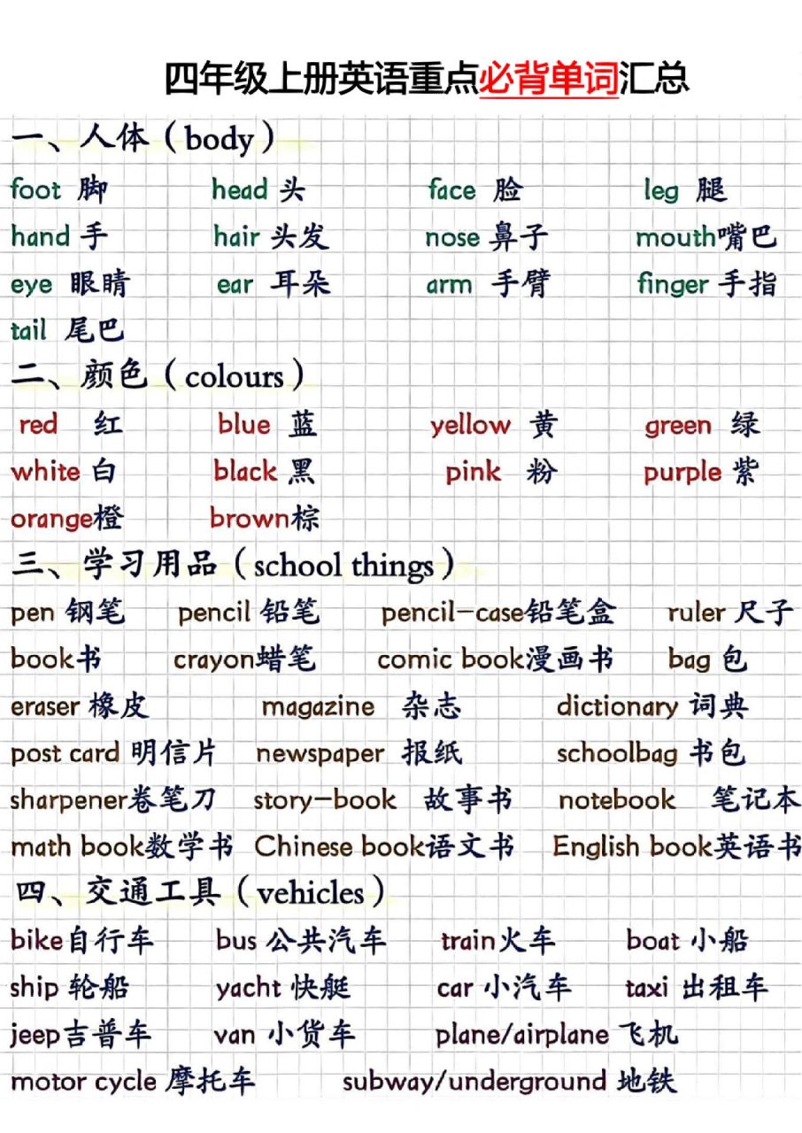 四年级上册英语重点必背单词汇总