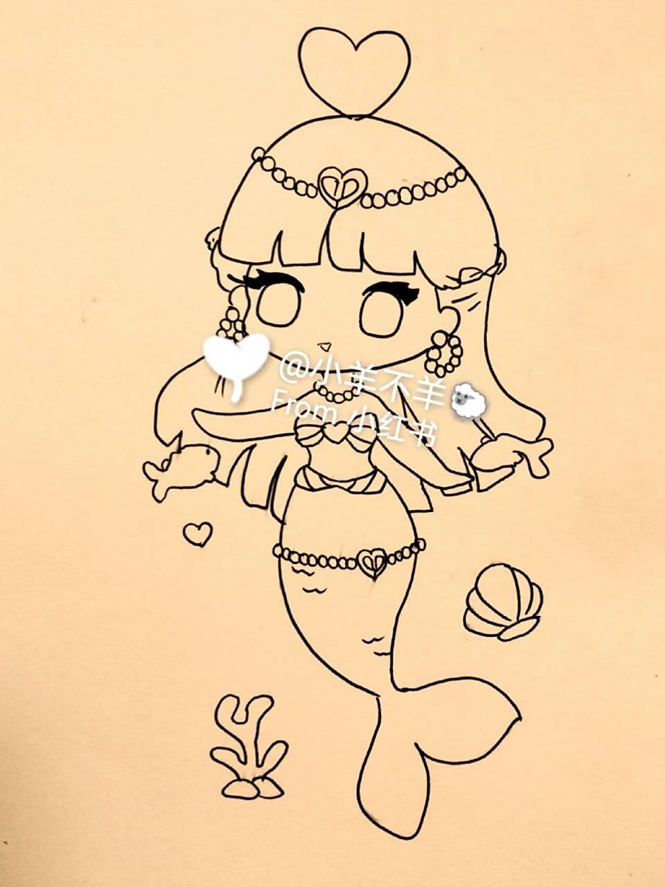 美人鱼黑白简笔画#绘画教程81(附过程) 卡通动漫美人鱼手绘简笔画74