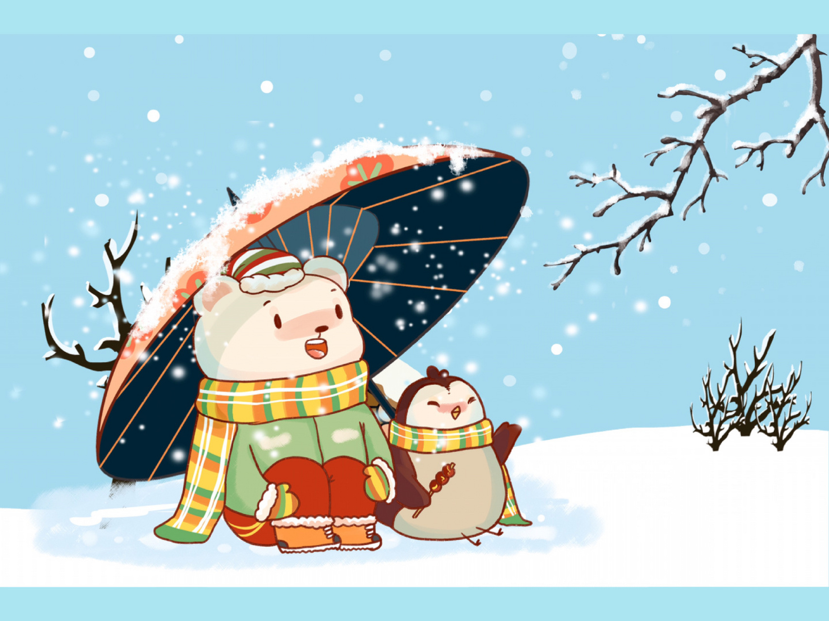 插画|冬季赏雪的北极熊和企鹅 7615这一组冬季雪景图真的好看