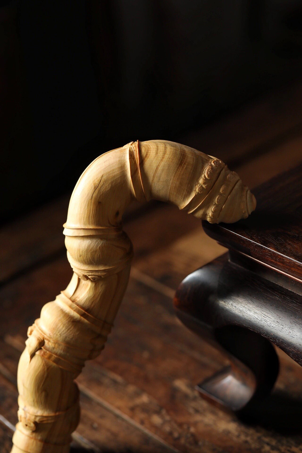 知足常乐 拐杖 黄杨木整料手工雕刻 「知足常乐」拐杖 黄杨木整料手工