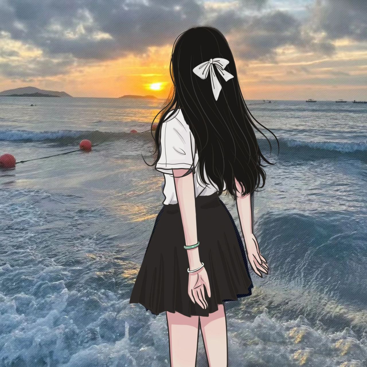 海边背影女生头像|手绘 动漫女生头像背影|每日一画|14 喜欢可用于