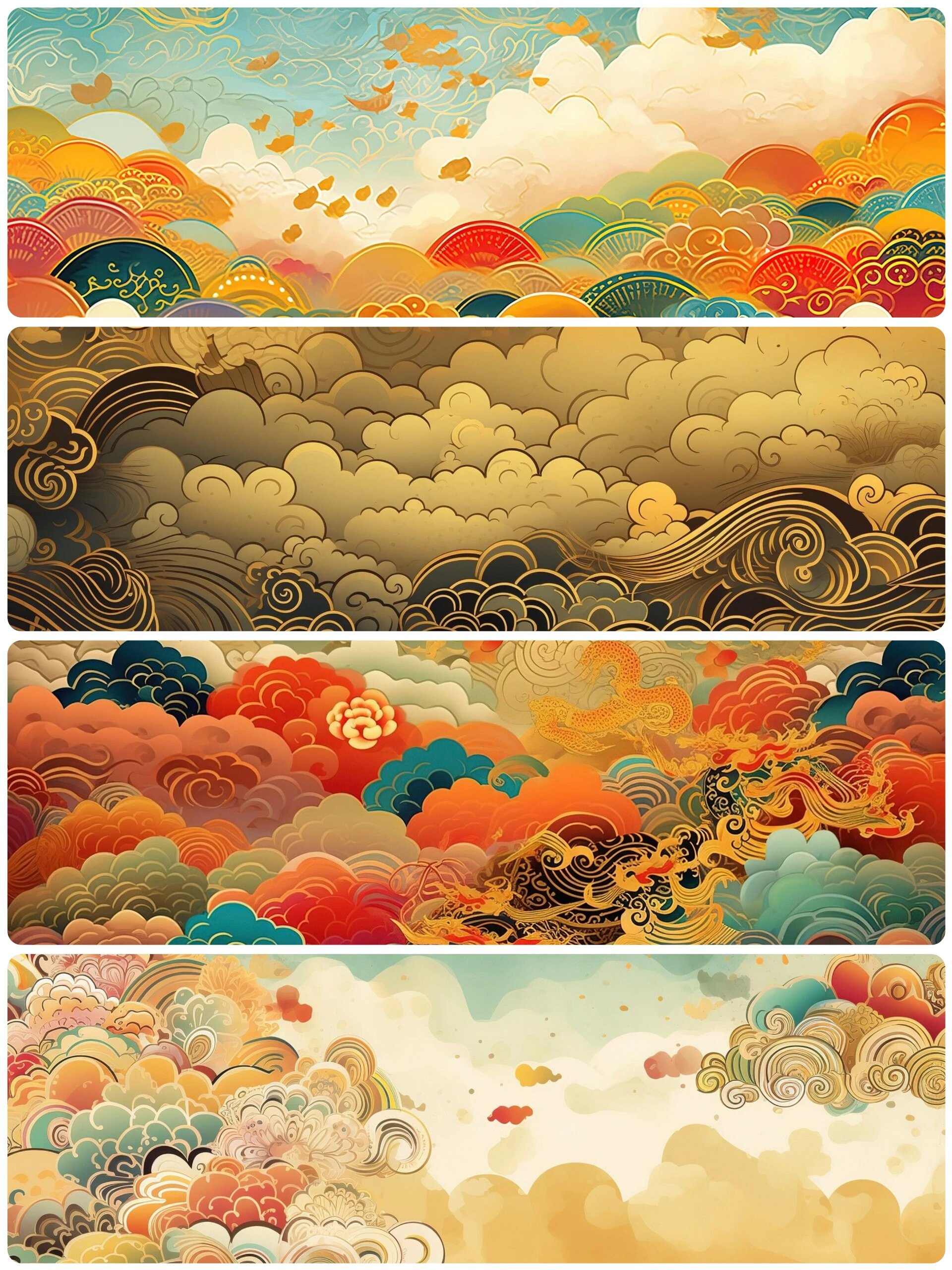 国潮背景图‖红黄色系祥云主题插画图①