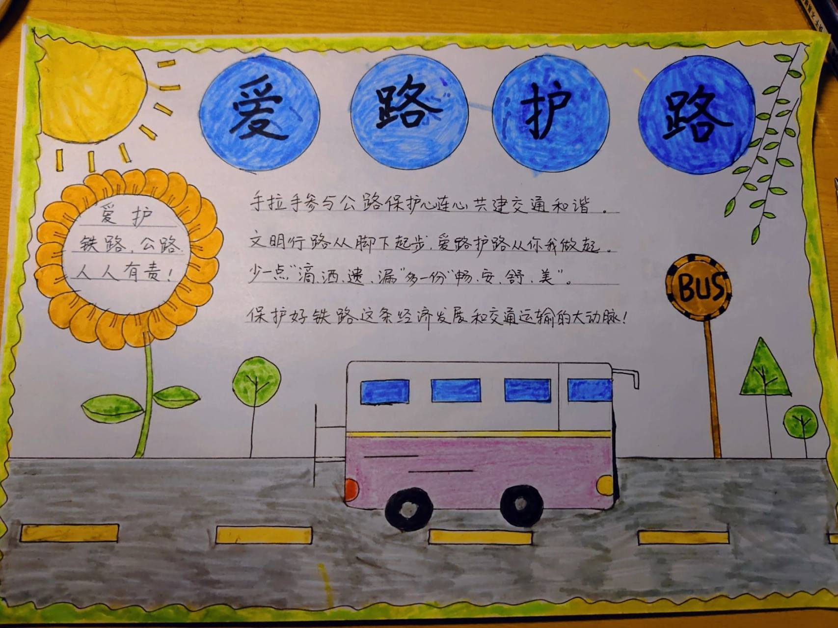 小学一二年级爱路护路爱护铁路手抄报 a4纸画的.