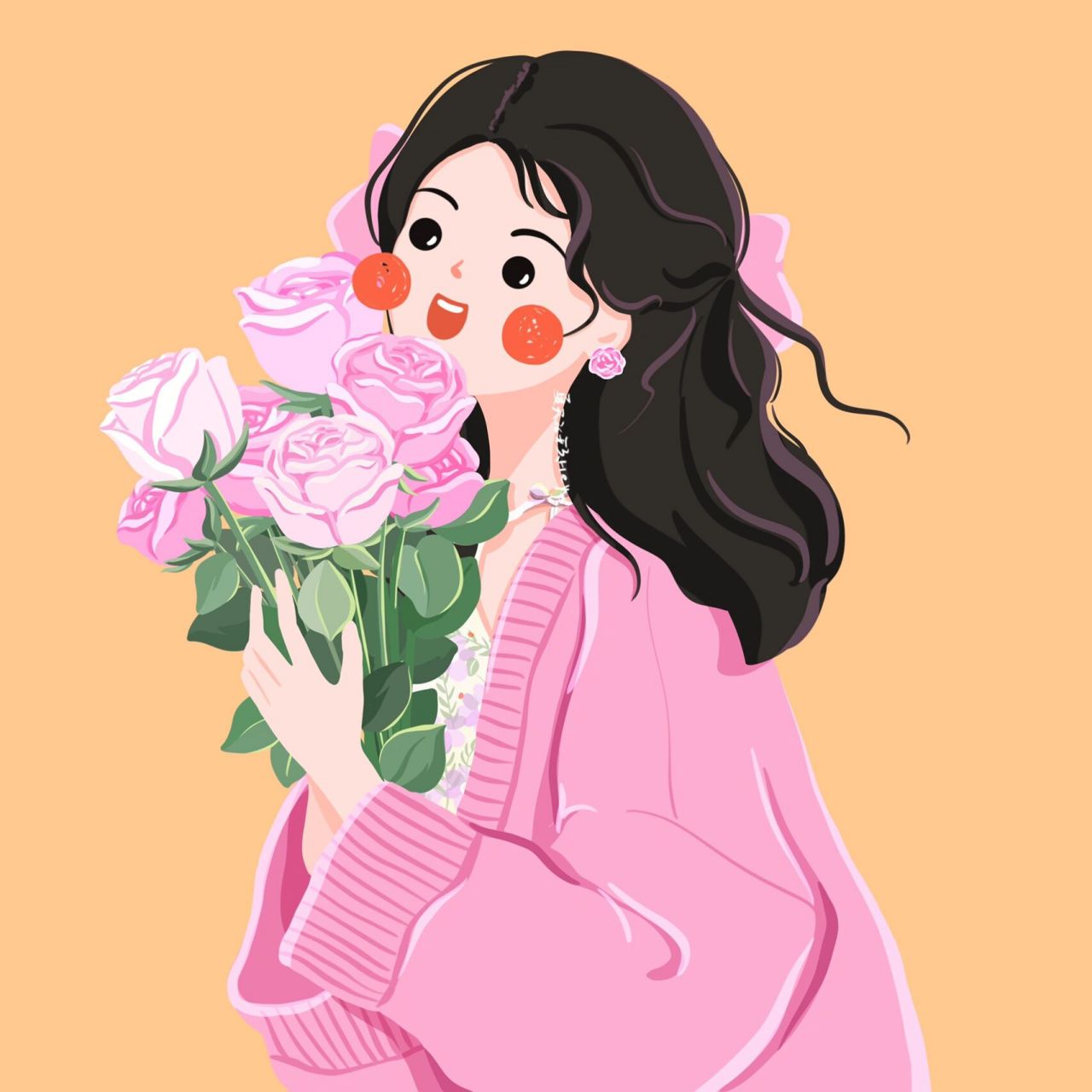 插画头像 · 17  | 手捧玫瑰花的可爱女生 暖暖的春天,手捧花花,感受