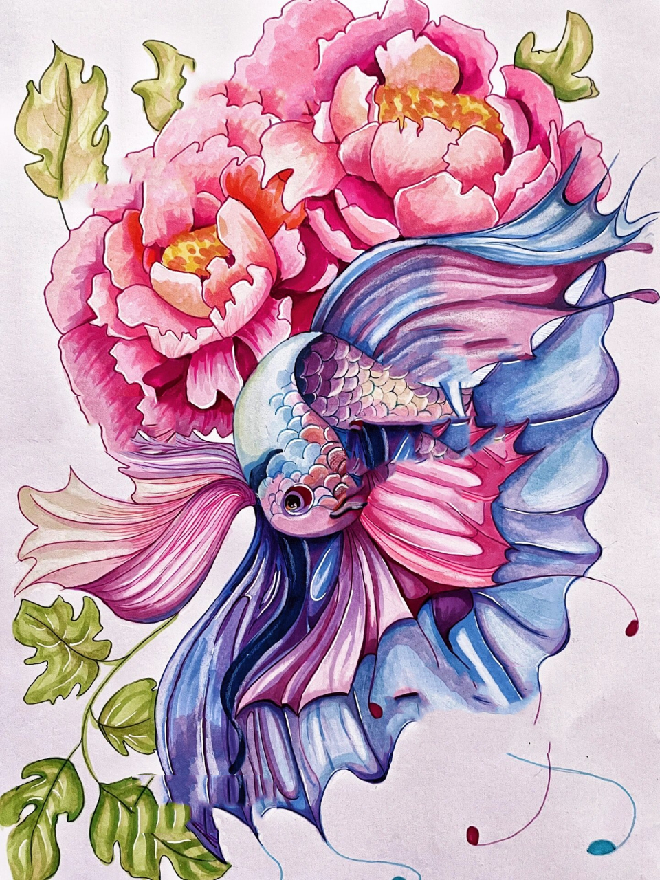 马克笔手绘—鱼跃金门,牡丹绽放.附线稿 把我最喜欢的花和鱼画出来了.