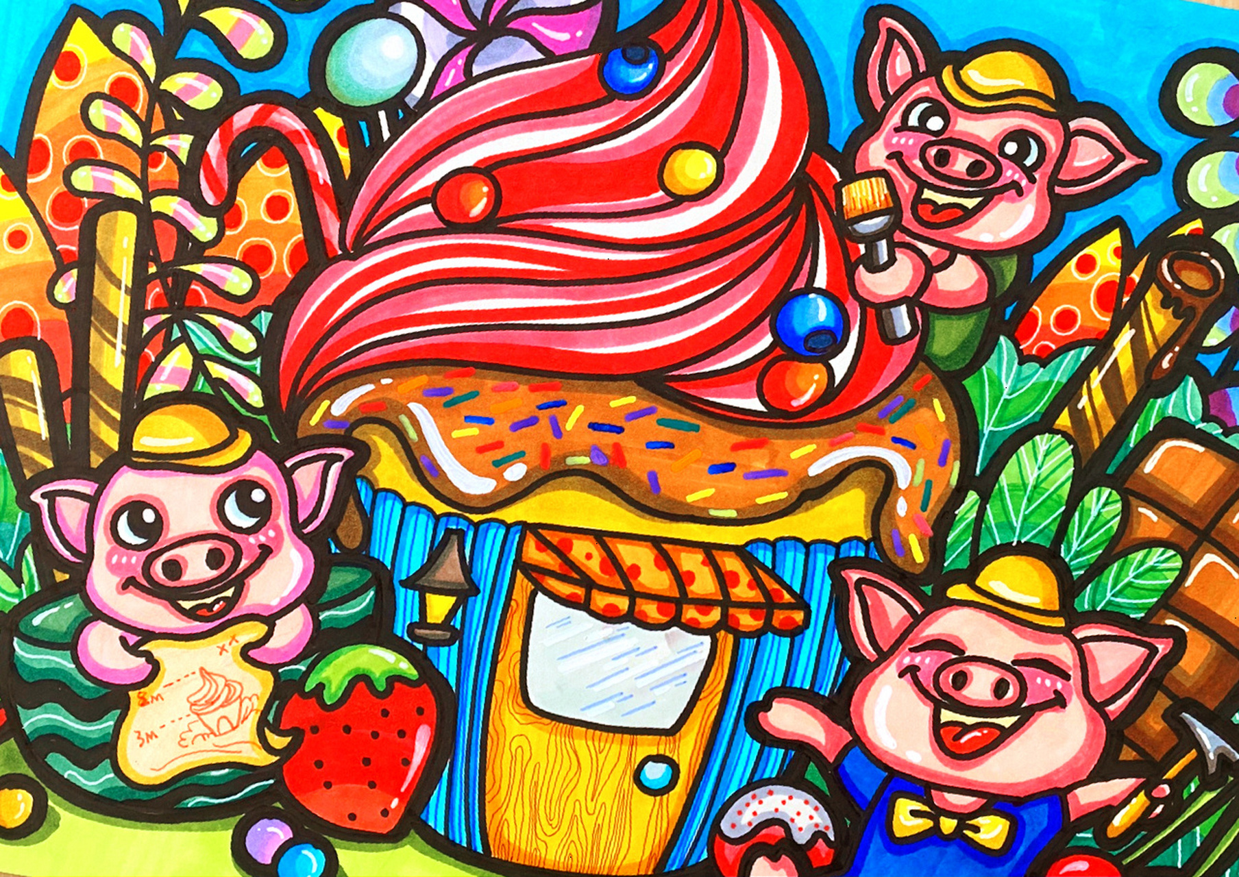 儿童画原创《三只小猪盖房子》 纸张:8开 马克笔:touch mark 三只小猪