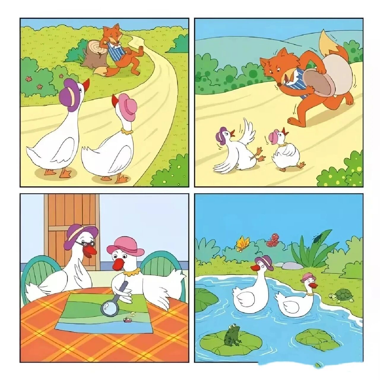 看图写话 狐狸和小鸭 秋色中,小路一条,两边微黄的草地好像一片黄绿