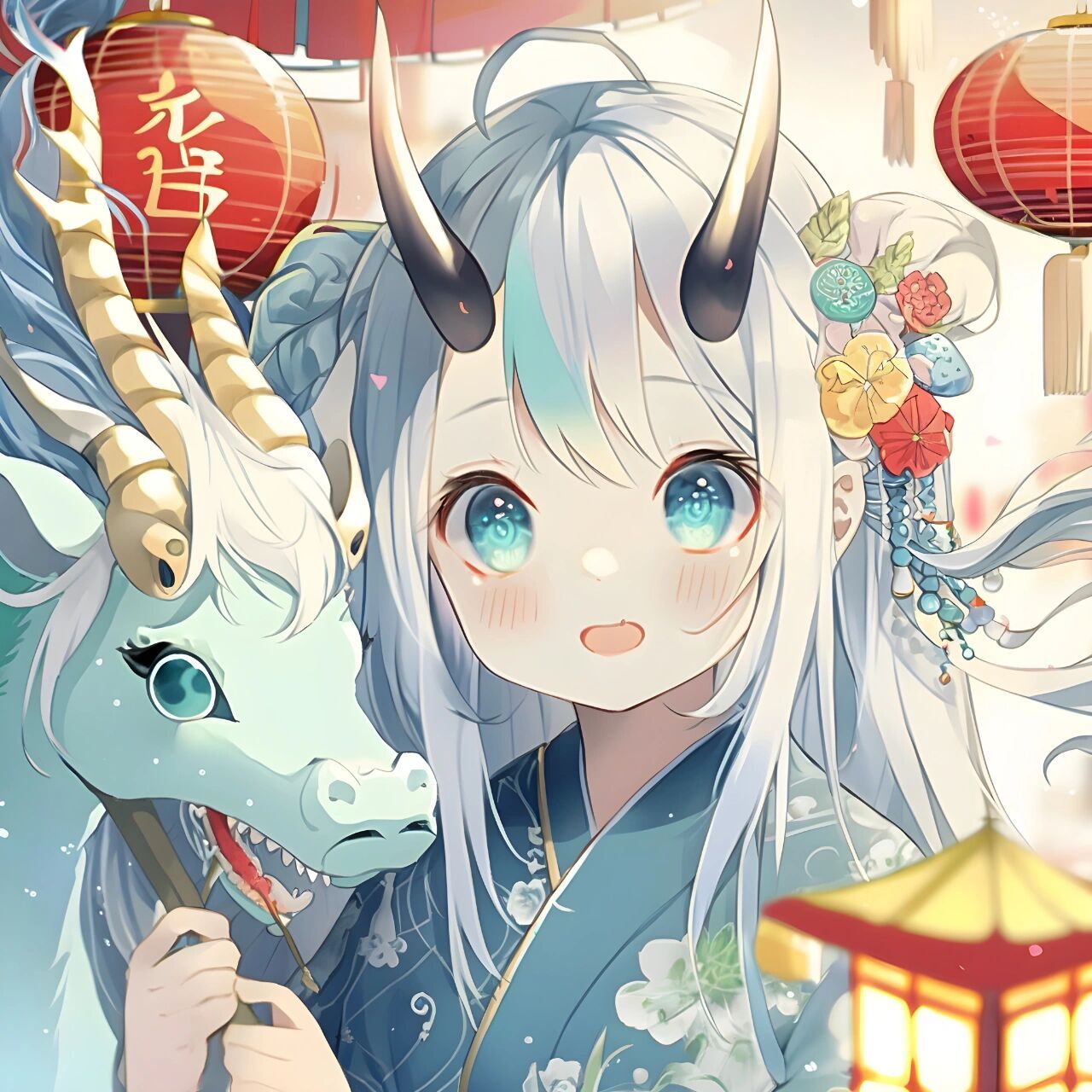 nijijourney|ai头像vol.23 生肖可爱头像-龙 水蓝色头发的龙娘