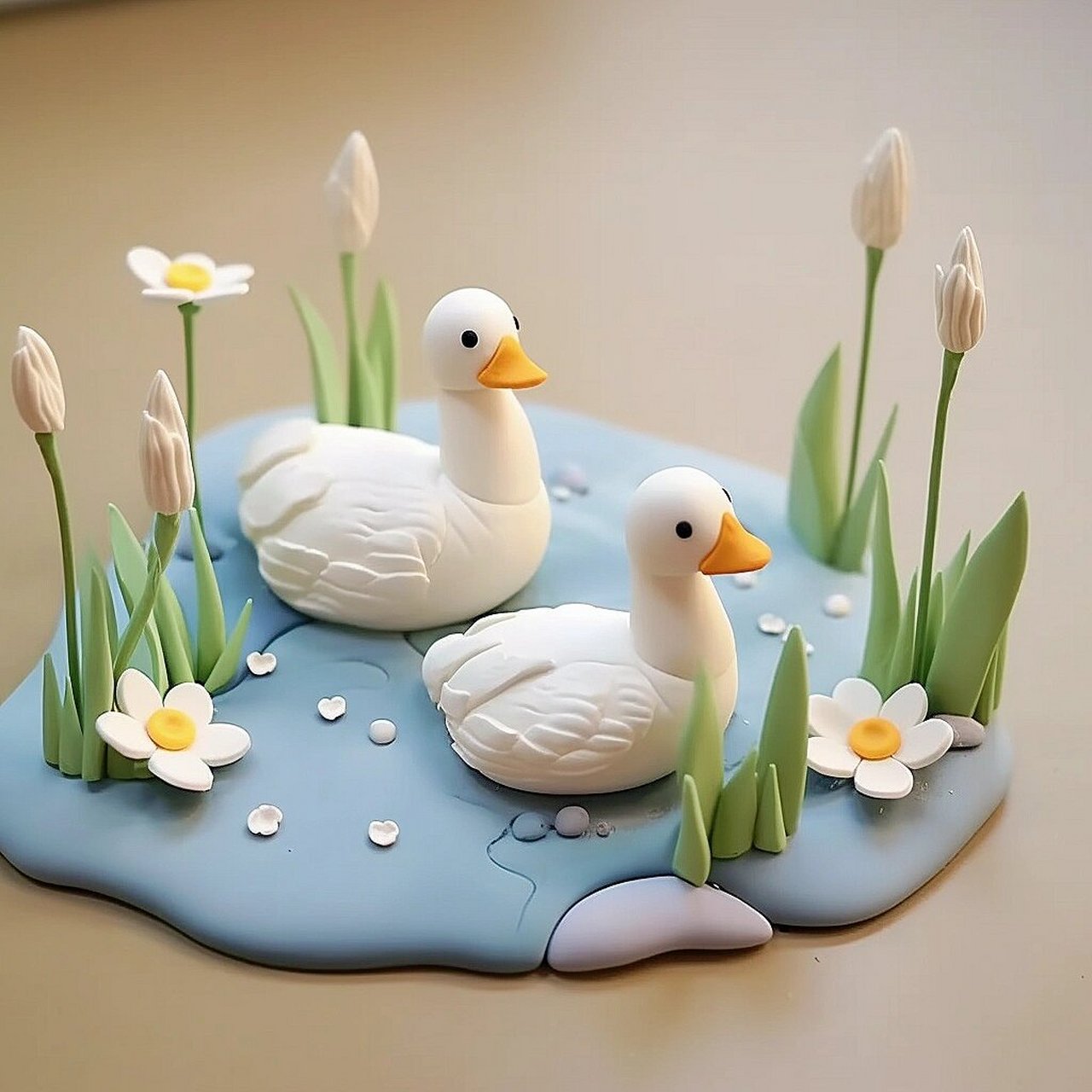 粘土~池塘里的小鸭子好可萌有没有 鸭子来游泳啦~ai粘土手工画
