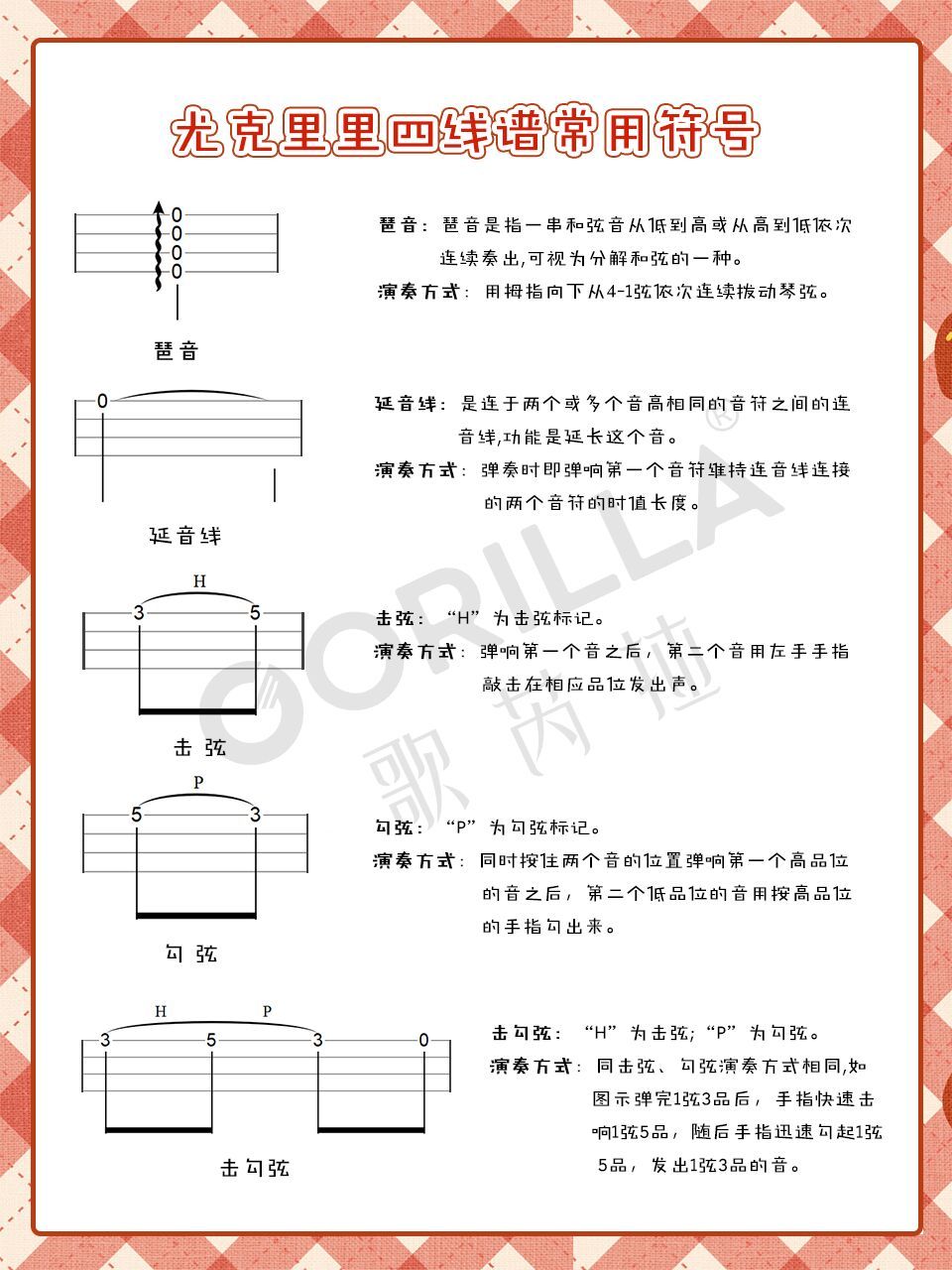 尤克里里四线谱中的常见符号 新手在看尤克里里四线谱的时候总是认不