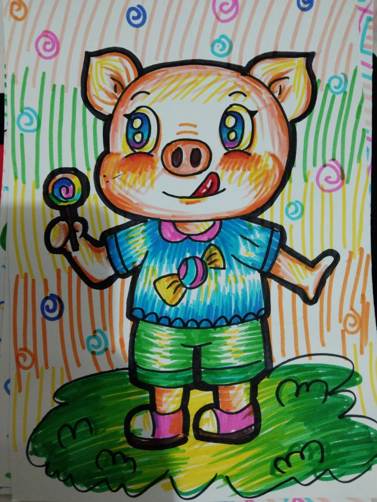 西瓜太郎12色水彩笔简笔画《小猪》