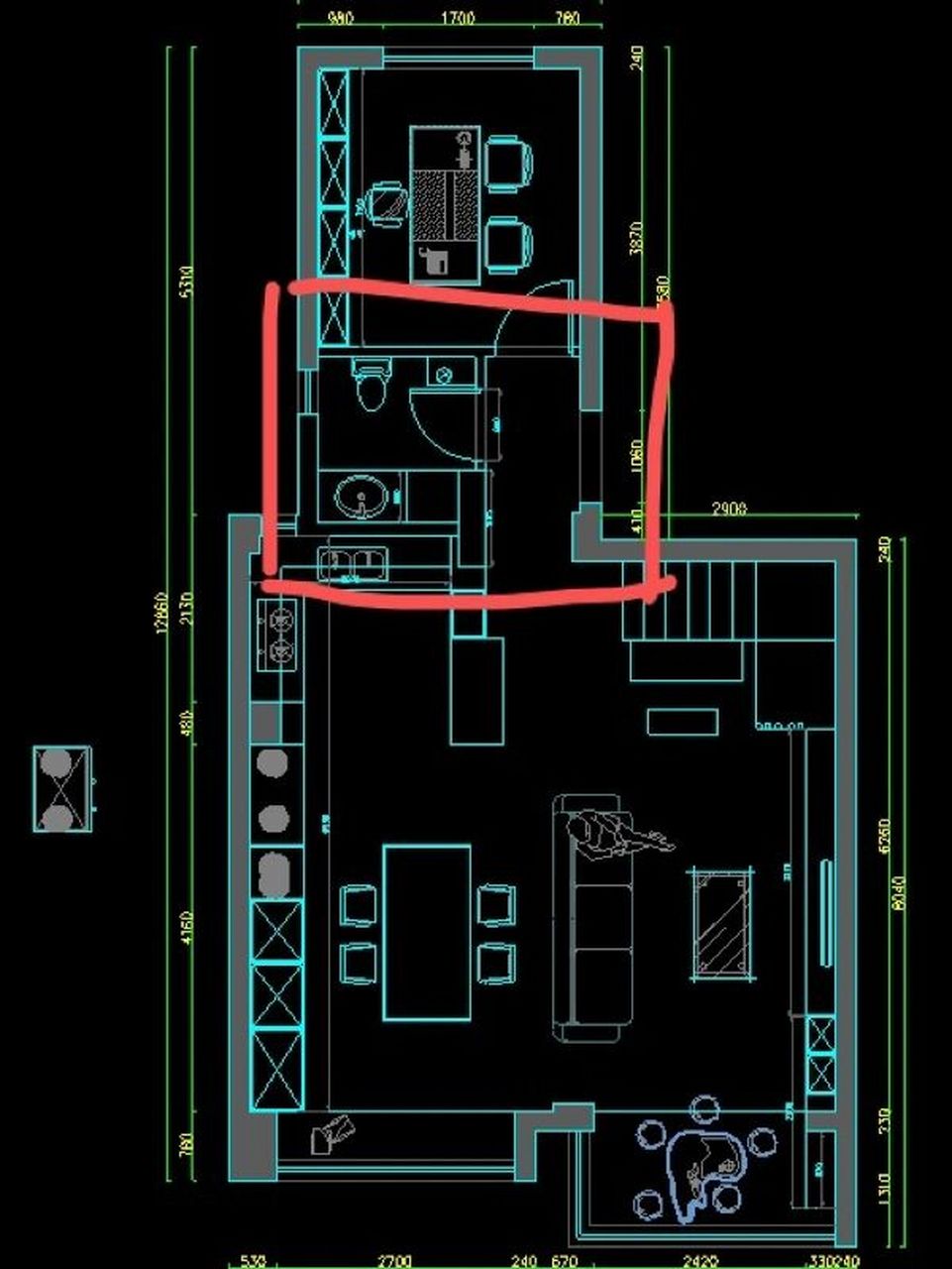 卫生间斜对着入户门怎么办 如图所示,卫生间的门斜对着入户门,过道很
