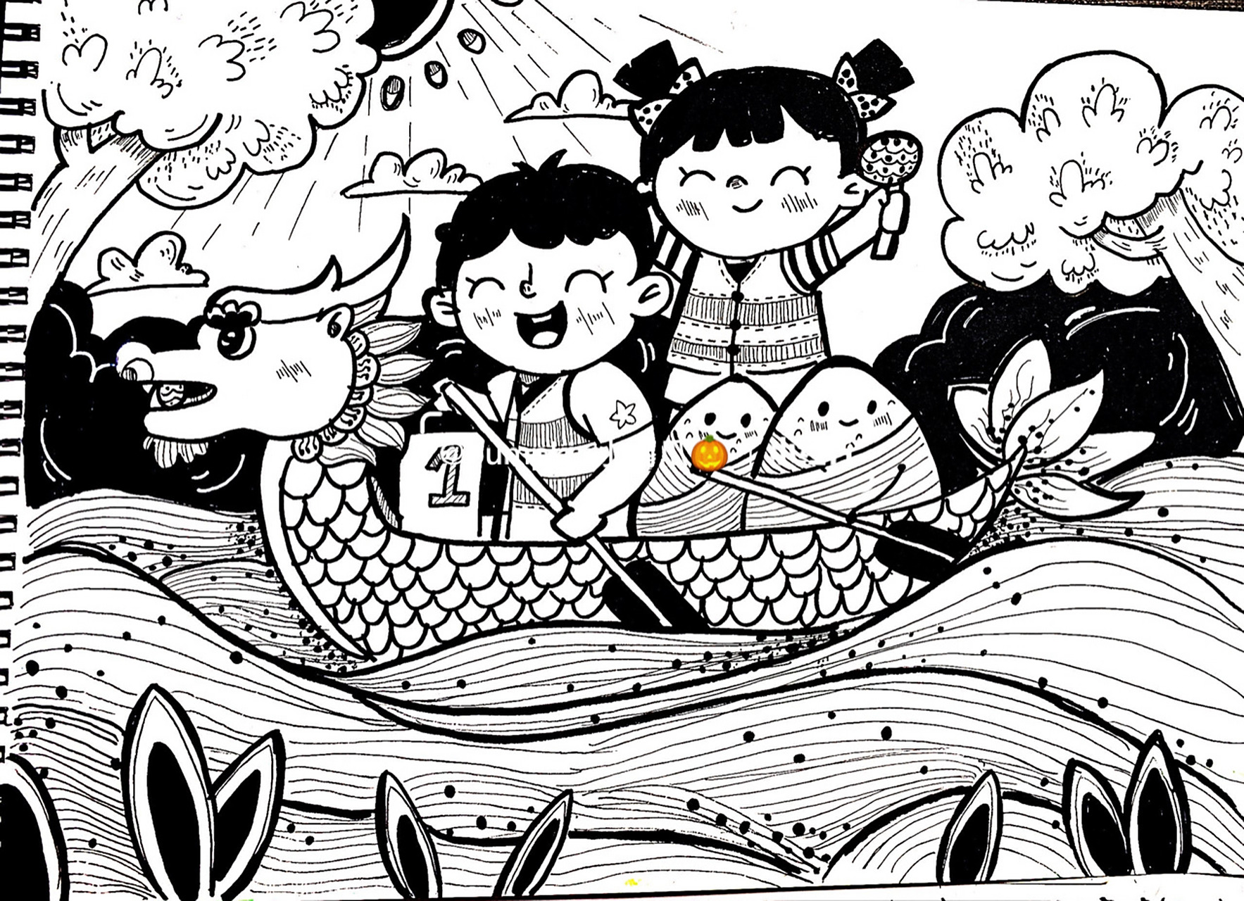 美术考编儿童画 黑白线描 端午节 赛龙舟 美术考编儿童画 黑白线描