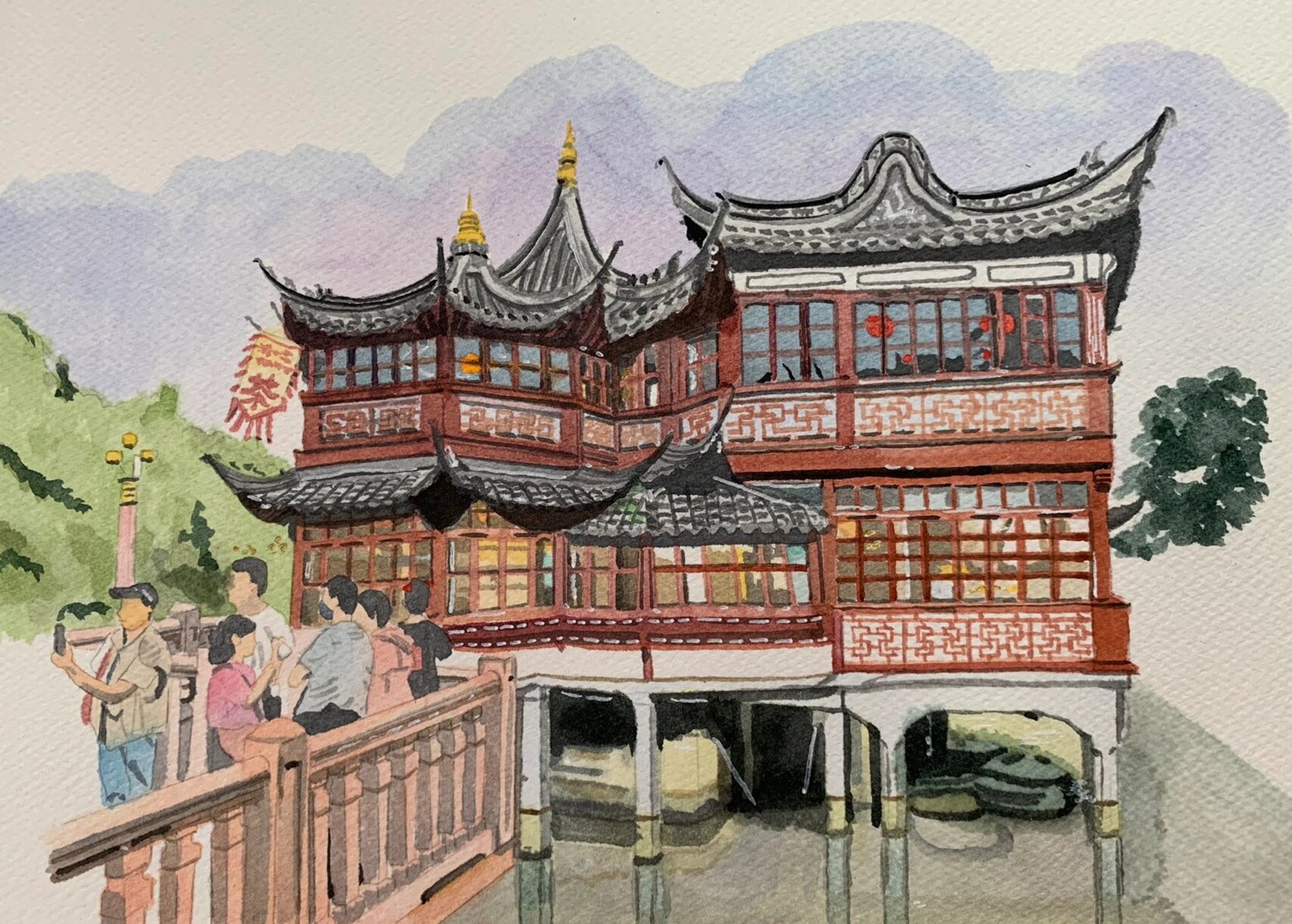 水彩手绘|上海城隍庙湖心亭       如果只有一天时间游览上海,要我