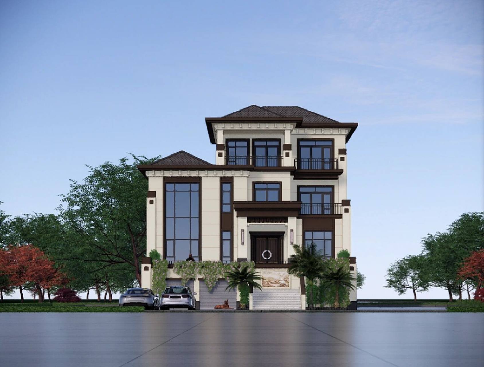 新中式自建房外墙喷水包砂效果图设计 新中式自建房外墙喷水包砂效果