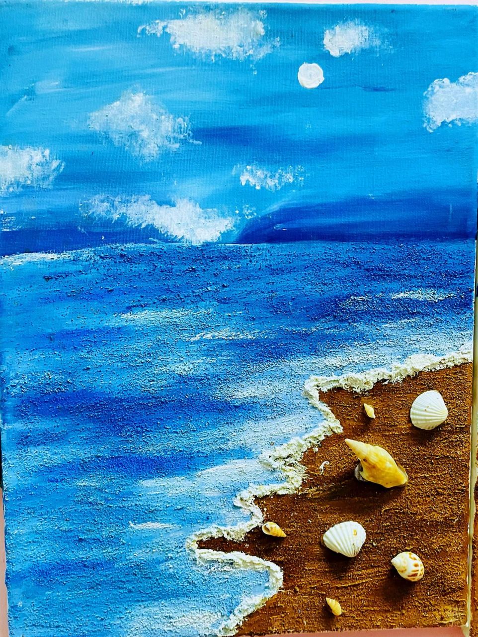 沙画作品 儿童沙画作品,在沙滩上添加了贝壳和海螺90,增加了趣味性