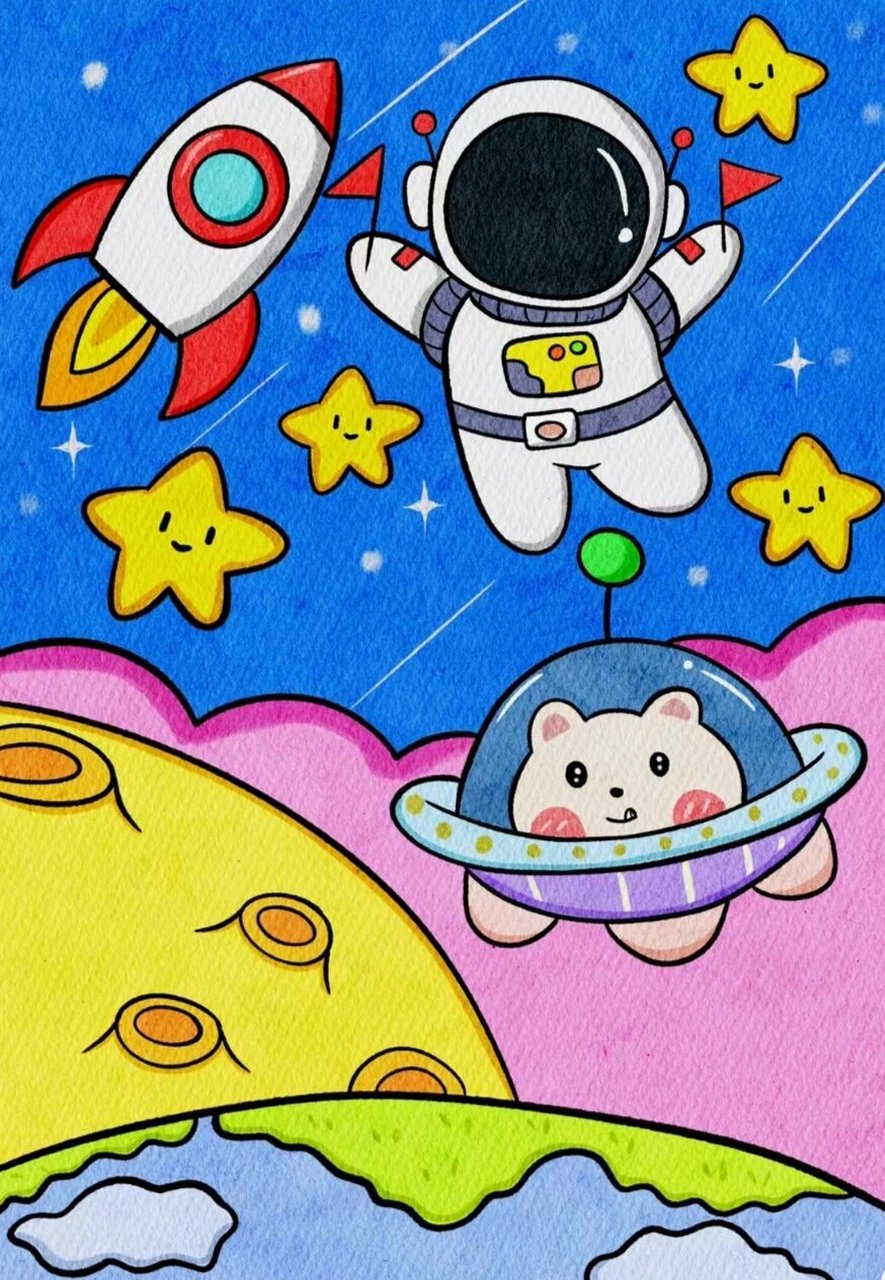 科幻画/遨游太空 娃周五开始发烧,老师布置了绘画作业:8k科幻画,这