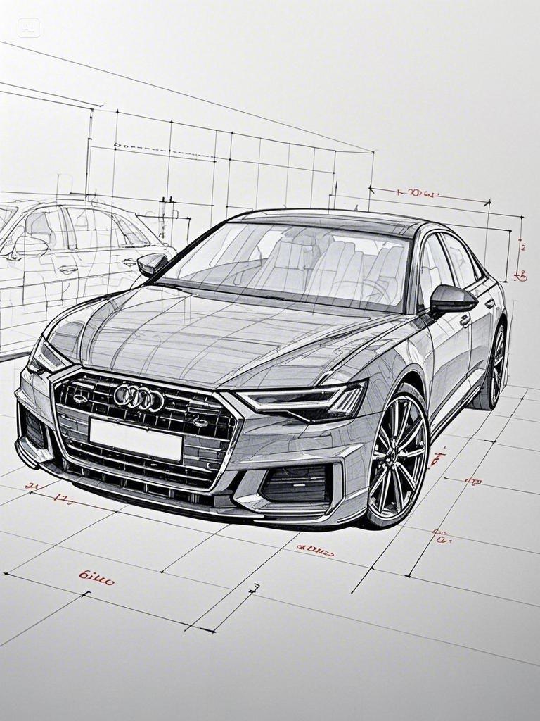 奥迪a6车设计蓝图,cad 风格,铅笔素描效果,详细测量和标记注释,纯白色