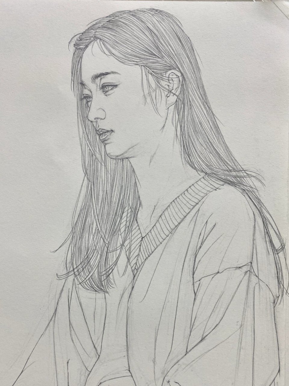 国画工笔人物|线描写生|长发少女侧身像7315 线描半身像来啦