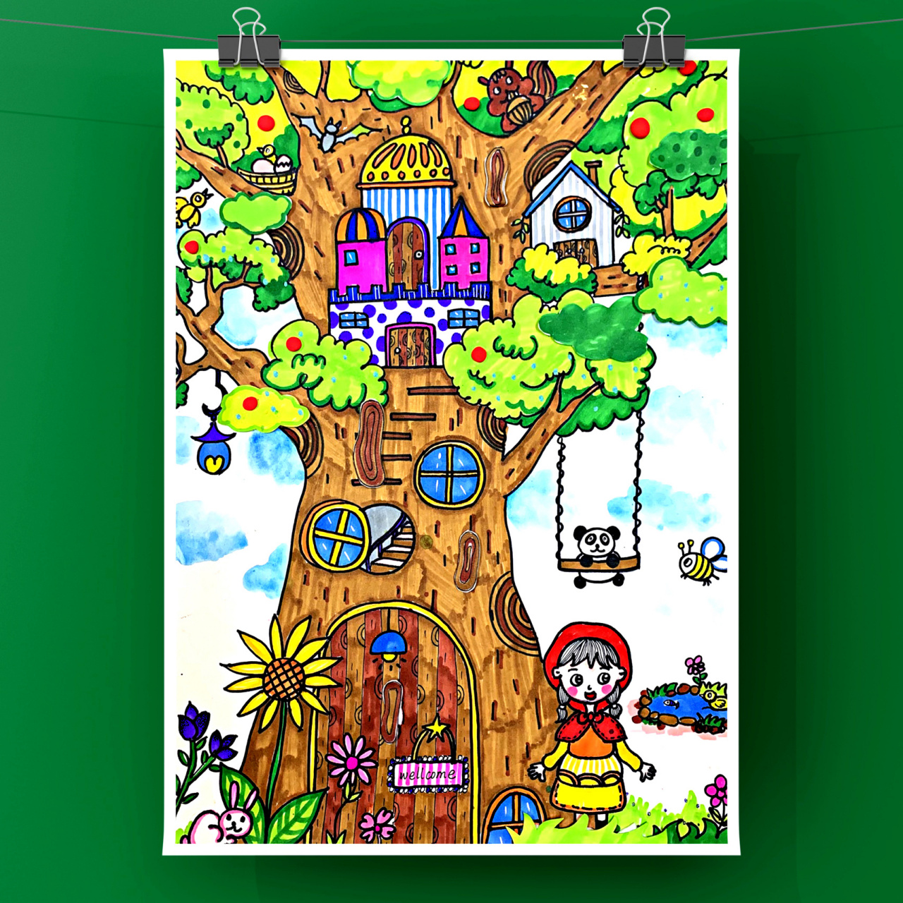 《树屋》创意儿童画 作品是4k大小 树纹跟树丛的纹理用了海绵胶做了