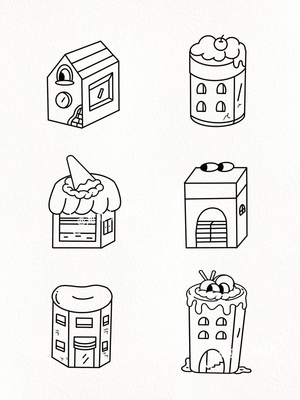 黑白线描|可爱小房子简笔画素材|手帐贴纸 一组原创小房子简笔画线稿