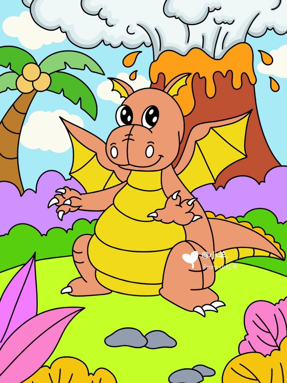 恐龙04儿童创意画 卡通画 带线稿 #创意美术儿童画# #创意儿童画