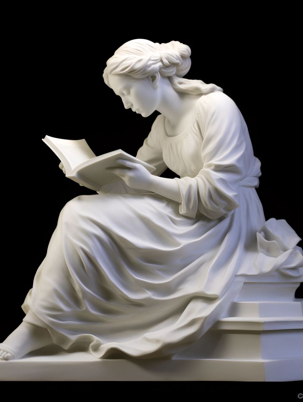 a white statue of a woman reading a book, in the style of