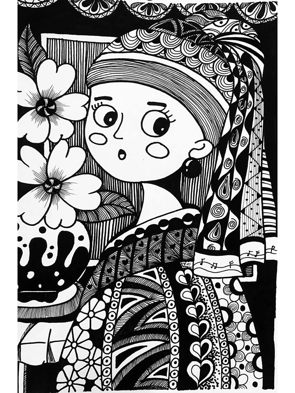 9-10岁创意美术名画转线描戴珍珠耳环的少女 《戴珍珠耳环的少女》附