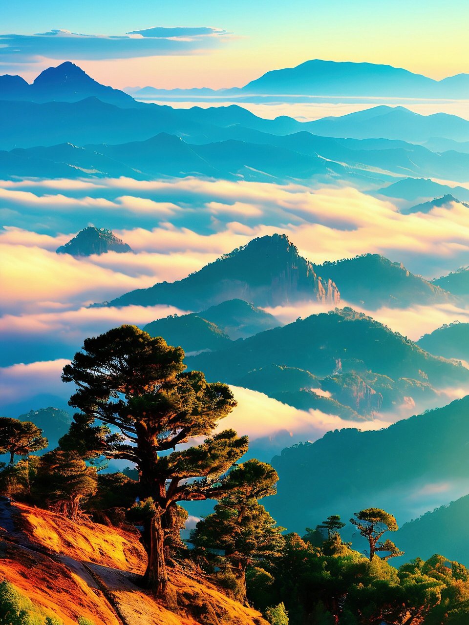 山川美景云雾之上大松树