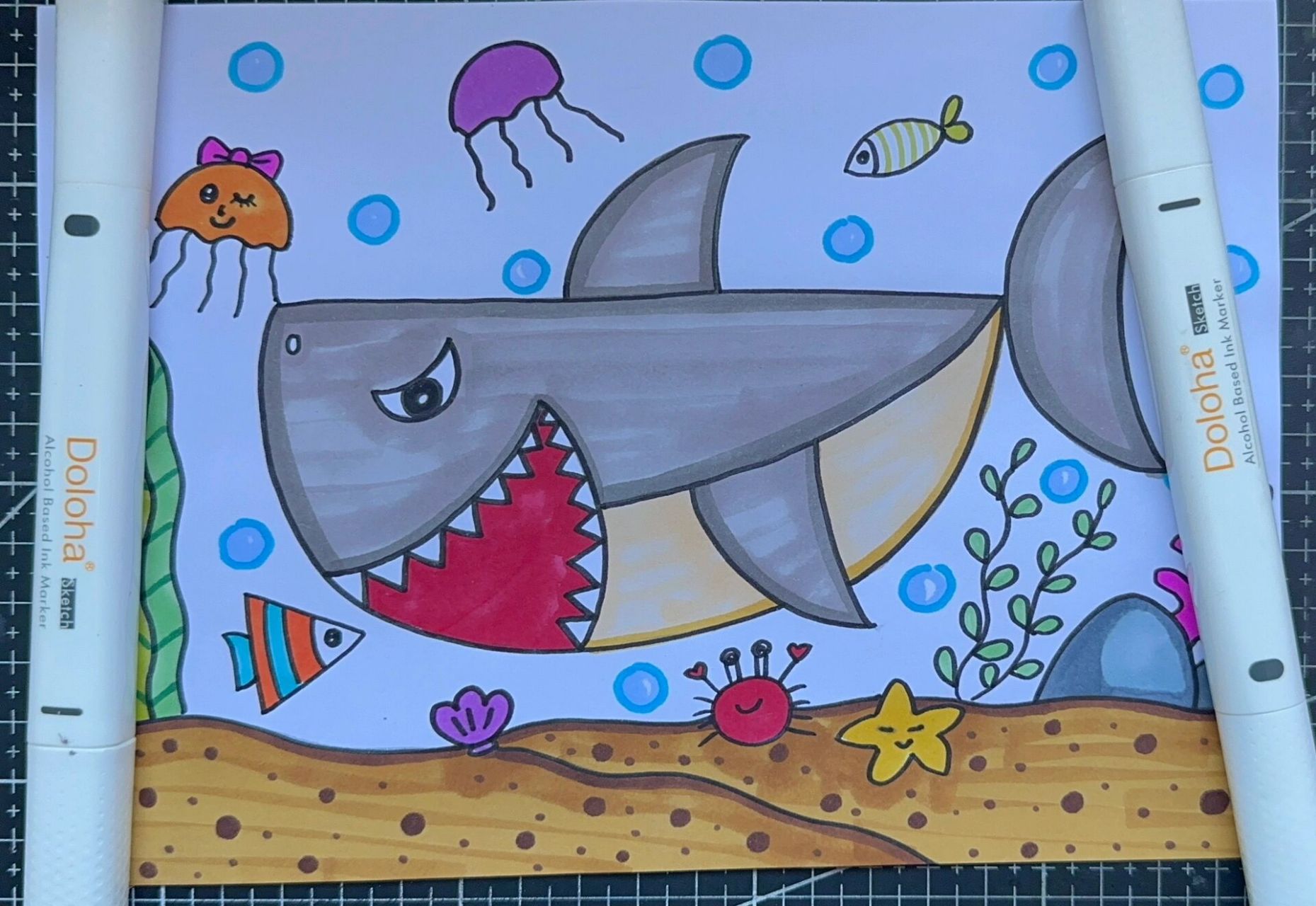 鲨鱼创意画 适合小朋友完成73 多乐绘马克笔 双十一99有活动