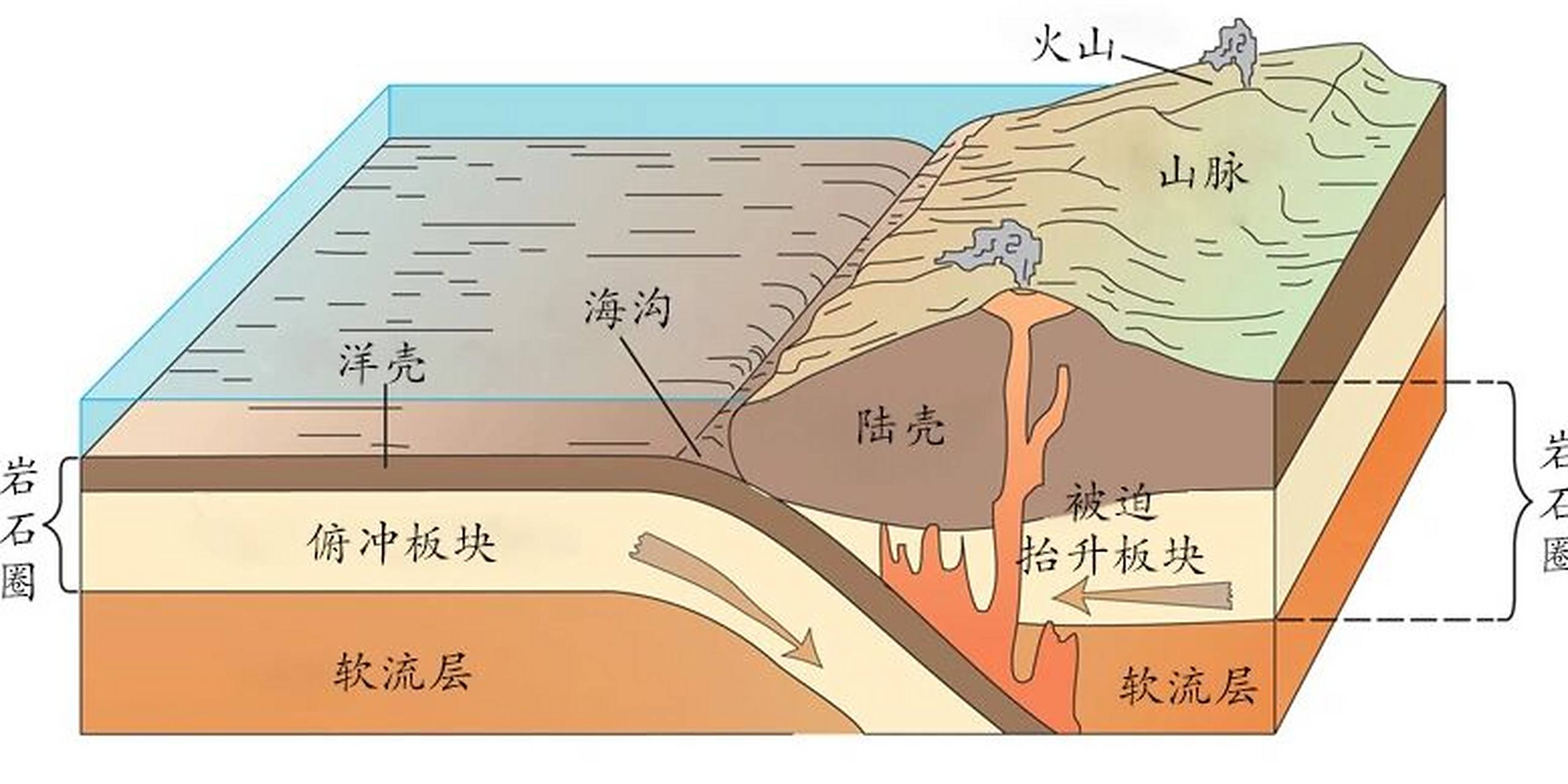 大洋板块因密度较大,位置较低,便俯冲到大陆板块之下,那么在大洋的
