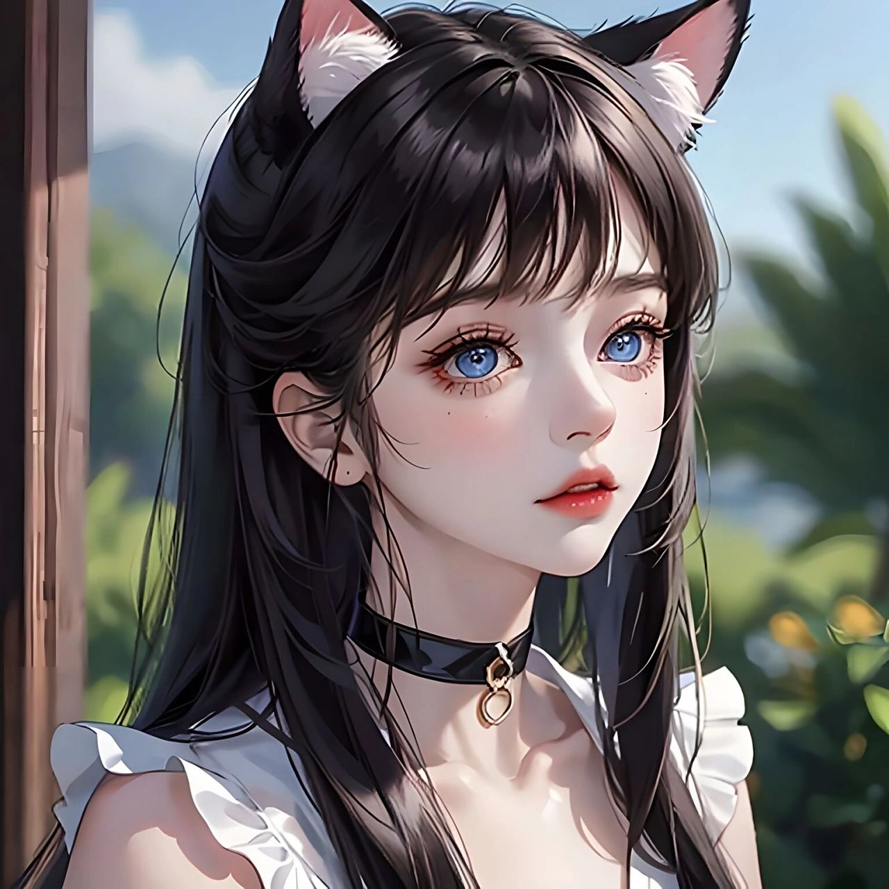 蓝眼猫耳黑发女孩头像