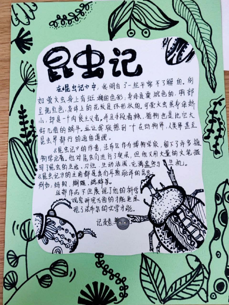 读书卡 昆虫记 用了绿色卡纸和铅画纸