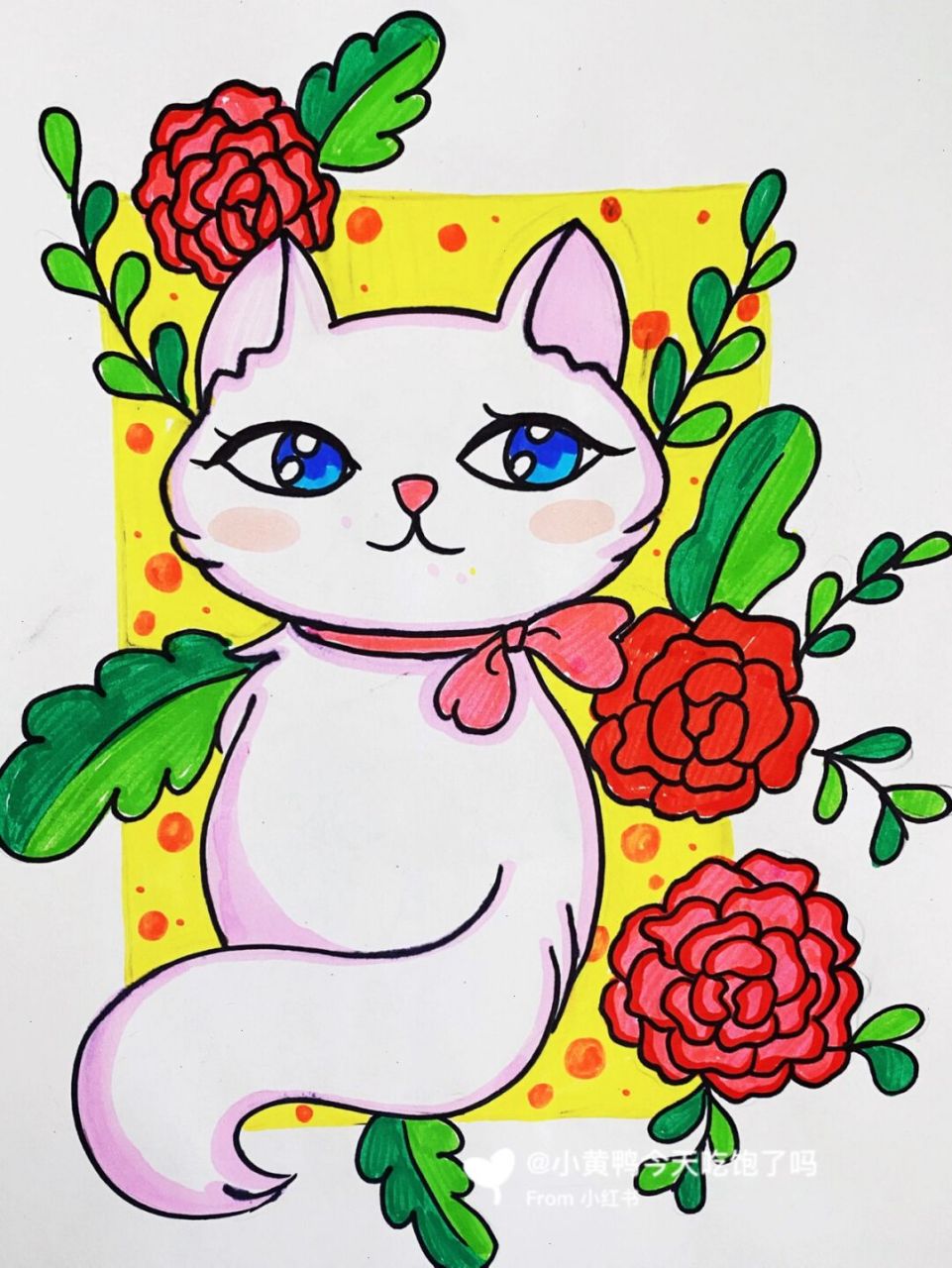 猫咪儿童画 #卡通画# #马克笔# #儿童画# #猫咪卡通画##猫咪画像