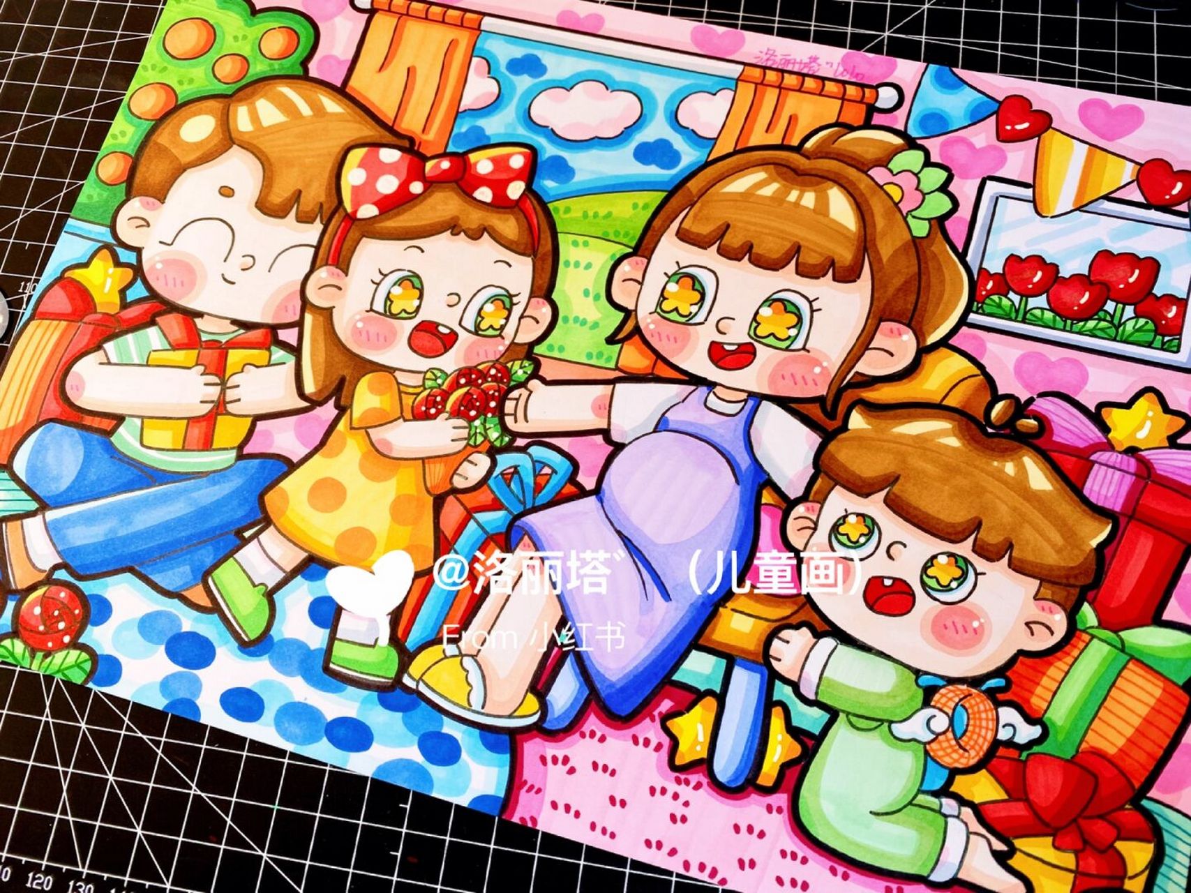 画的是三胎家庭幸福的一家,课题与今年的母亲节主题通用.