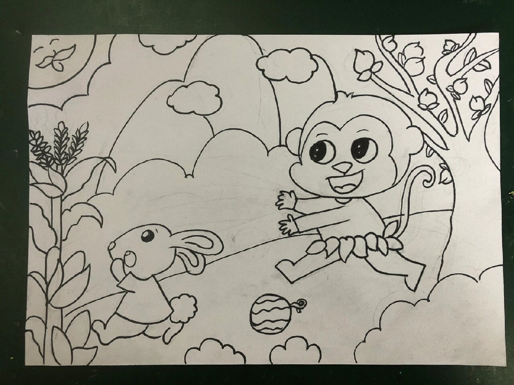 《小猴子下山》儿童画 儿童主题画 |重彩油画棒《 小猴子下山》《小兔