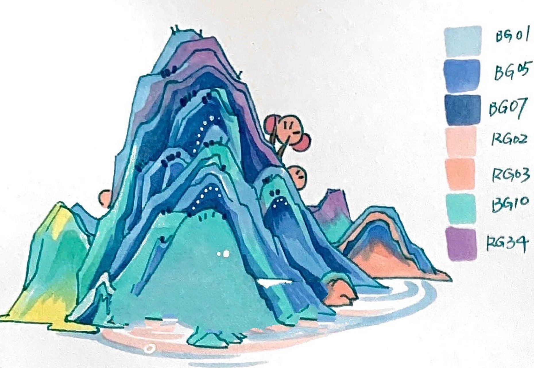 马克笔手绘—超实用多形态青绿山峦国风元素 杨老师绘制的这一组山峦