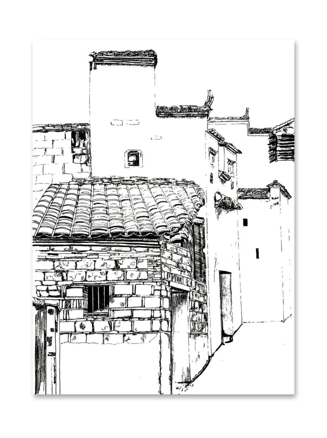 婺源写生,钢笔速写徽派建筑马头墙瓦片速写