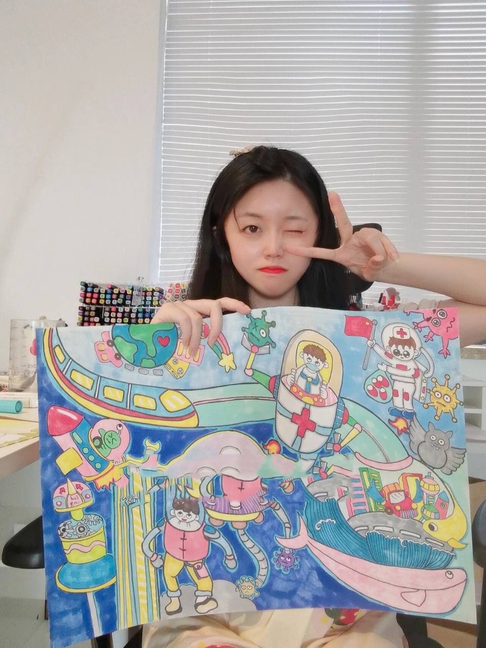 科技幻想画,太空主题画,抗疫科幻画 创意说明 画面上的梦想少年在进行