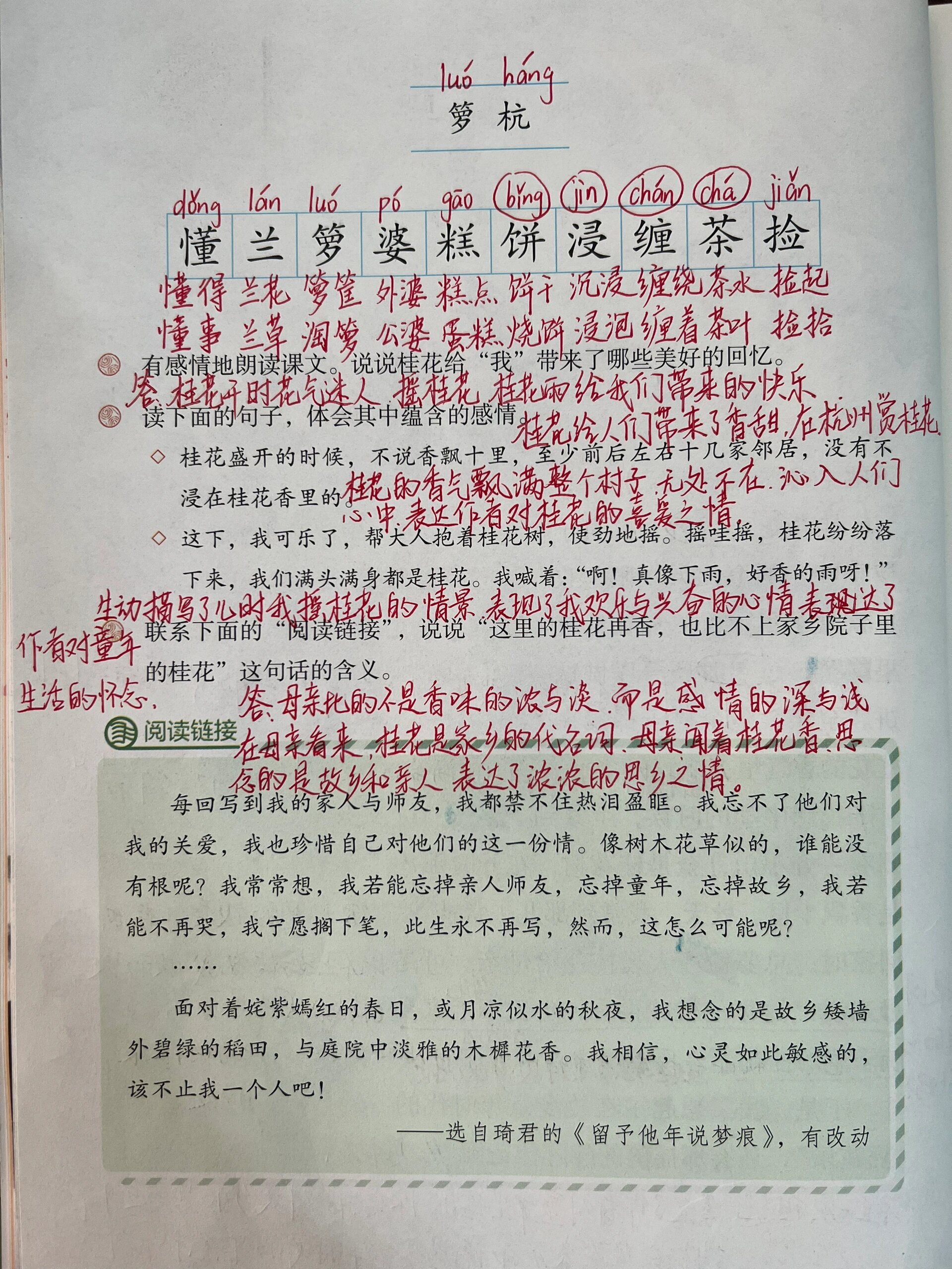 五年级上语文《桂花雨》学生课堂笔记